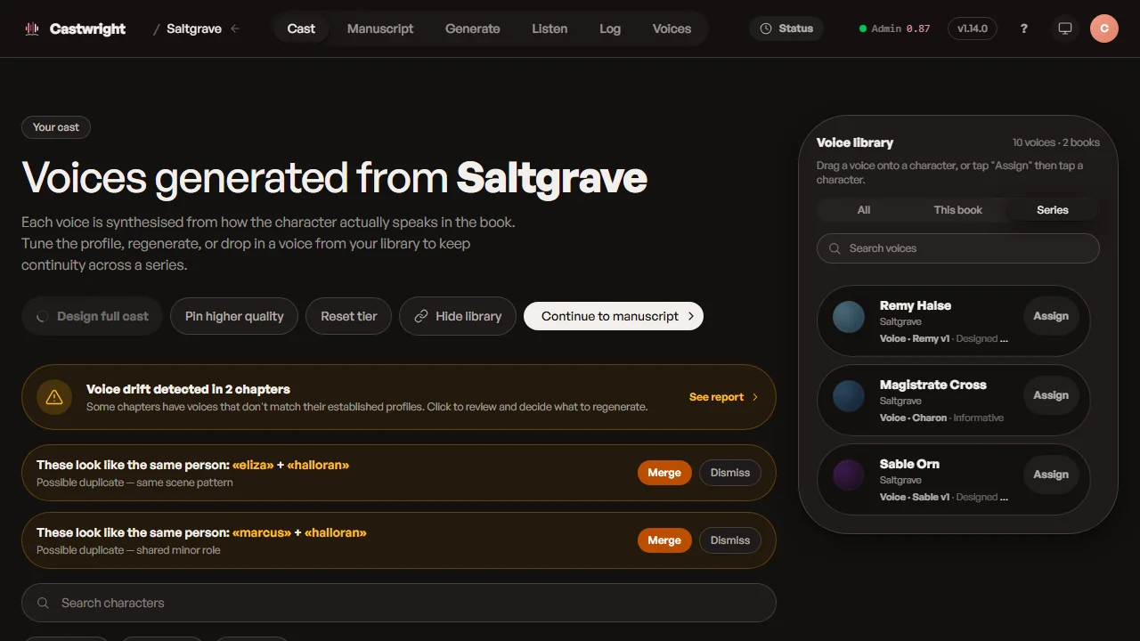 Castwright's cast view for Saltgrave — the series voice library on the right showing voices carried from earlier Hollow Tide books, a voice-drift notice, and duplicate-character merge prompts