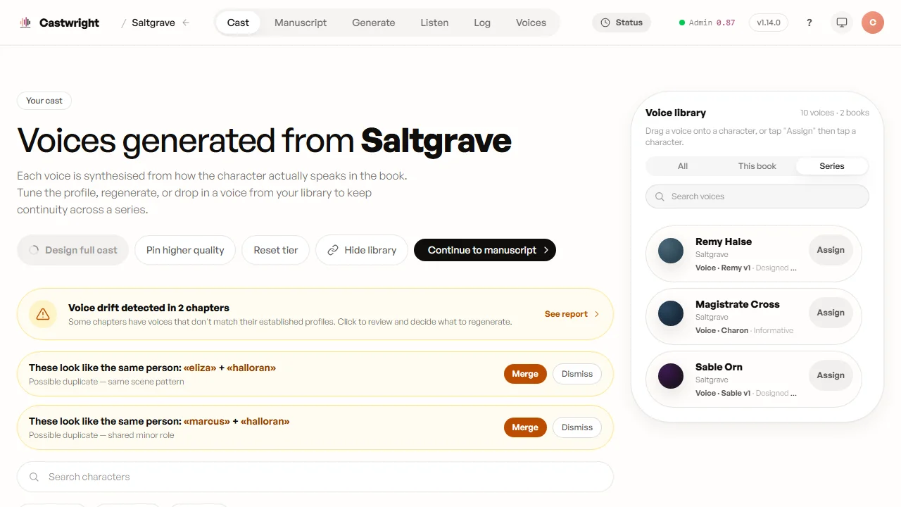 Castwright's cast view for Saltgrave — the series voice library on the right showing voices carried from earlier Hollow Tide books, a voice-drift notice, and duplicate-character merge prompts